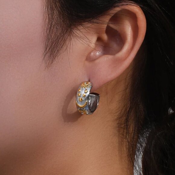 Sun and Moon Cubic Zirconia Gold Plated Ionic PVD Stainless Steel Hoop Earrings - Picture 3 of 3